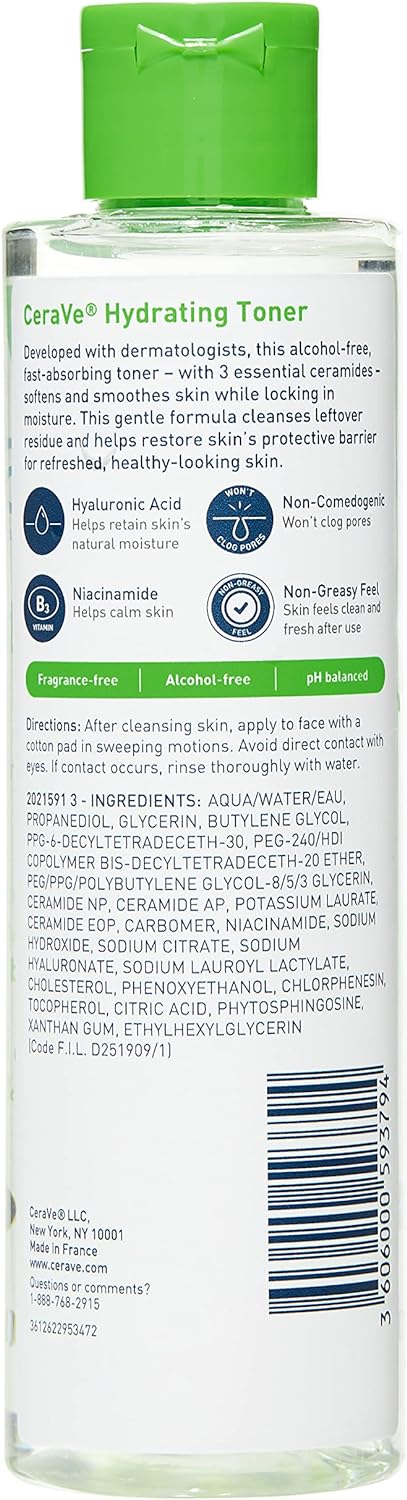 CeraVe Moisturizing Face Toner Alcohol Free with Hyaluronic Acid, Niacinamide & Ceramides for Sensitive Dry Skin, Fragrance Free, Non-Comedogenic, Full Size, 20ml